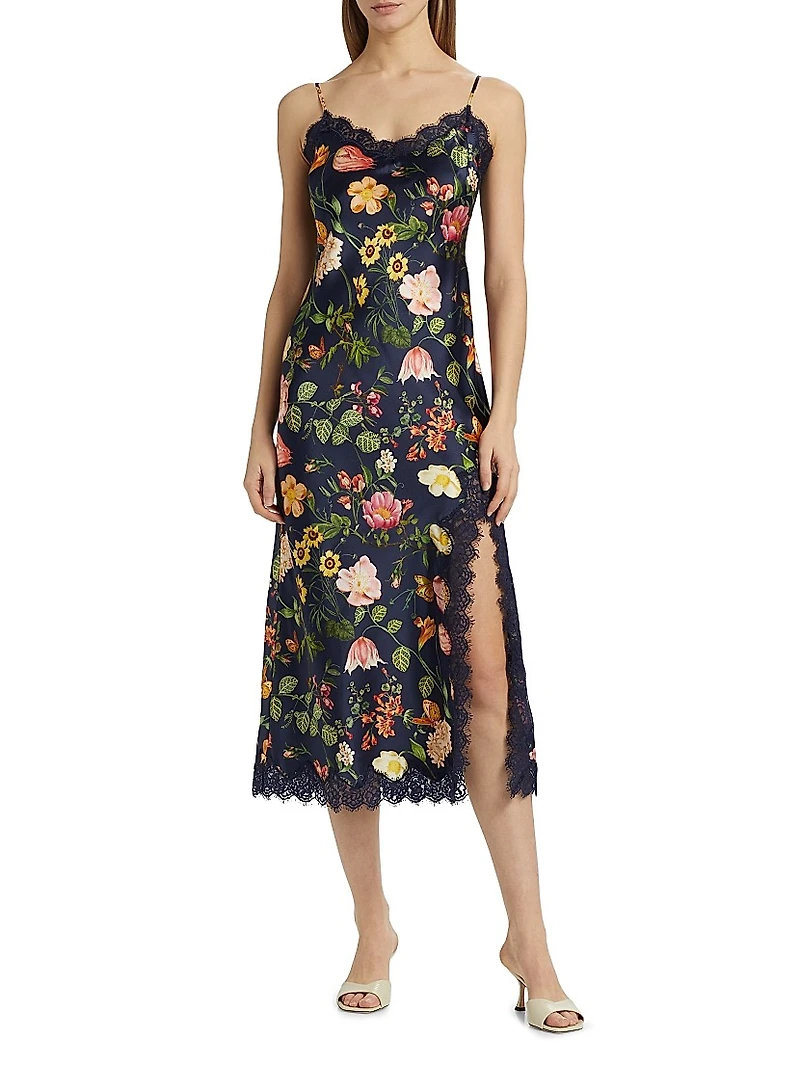 Granada Floral Lace-Trimmed Stretch-Silk Midi-Dress