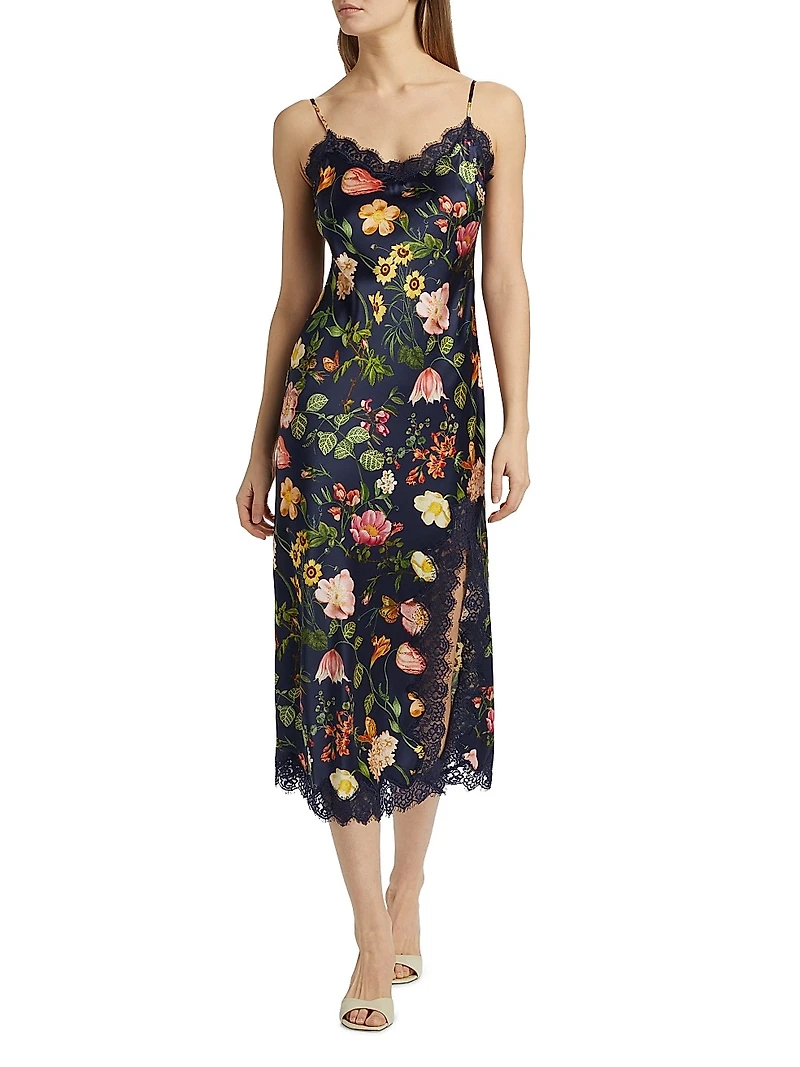 Granada Floral Lace-Trimmed Stretch-Silk Midi-Dress