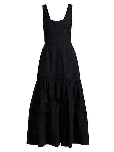 Embroidered Cotton Sleeveless Tiered Maxi Dress