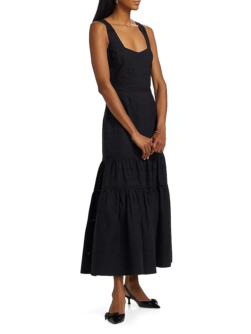 Embroidered Cotton Sleeveless Tiered Maxi Dress