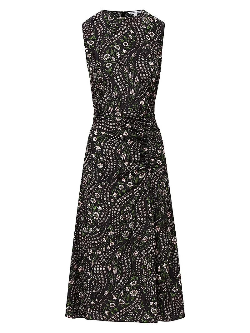 Viviana Gathered Floral Stretch-Silk Midi-Dress