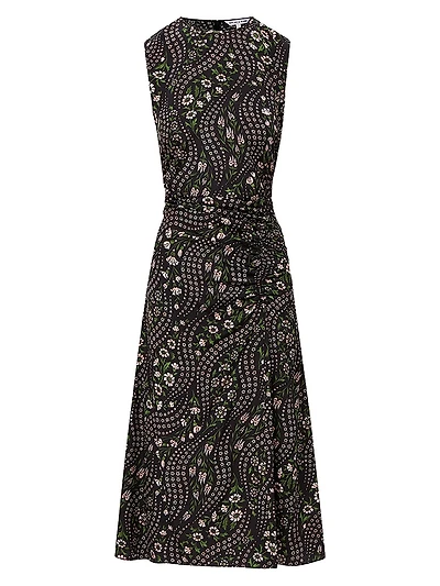 Viviana Gathered Floral Stretch-Silk Midi-Dress