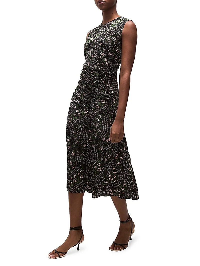 Viviana Gathered Floral Stretch-Silk Midi-Dress