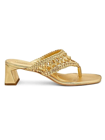Alia 50MM Metallic Leather Weave Block-Heel Sandals