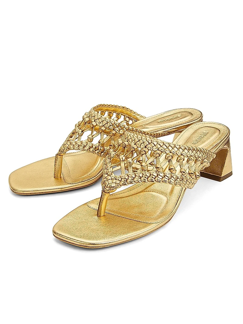 Alia 50MM Metallic Leather Weave Block-Heel Sandals