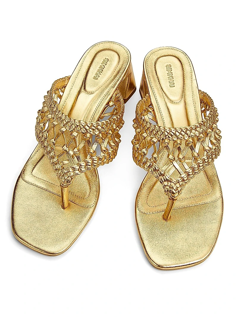 Alia 50MM Metallic Leather Weave Block-Heel Sandals