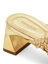 Alia 50MM Metallic Leather Weave Block-Heel Sandals