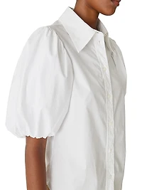 Cotton Poplin Puff-Sleeve Button-Front Shirt