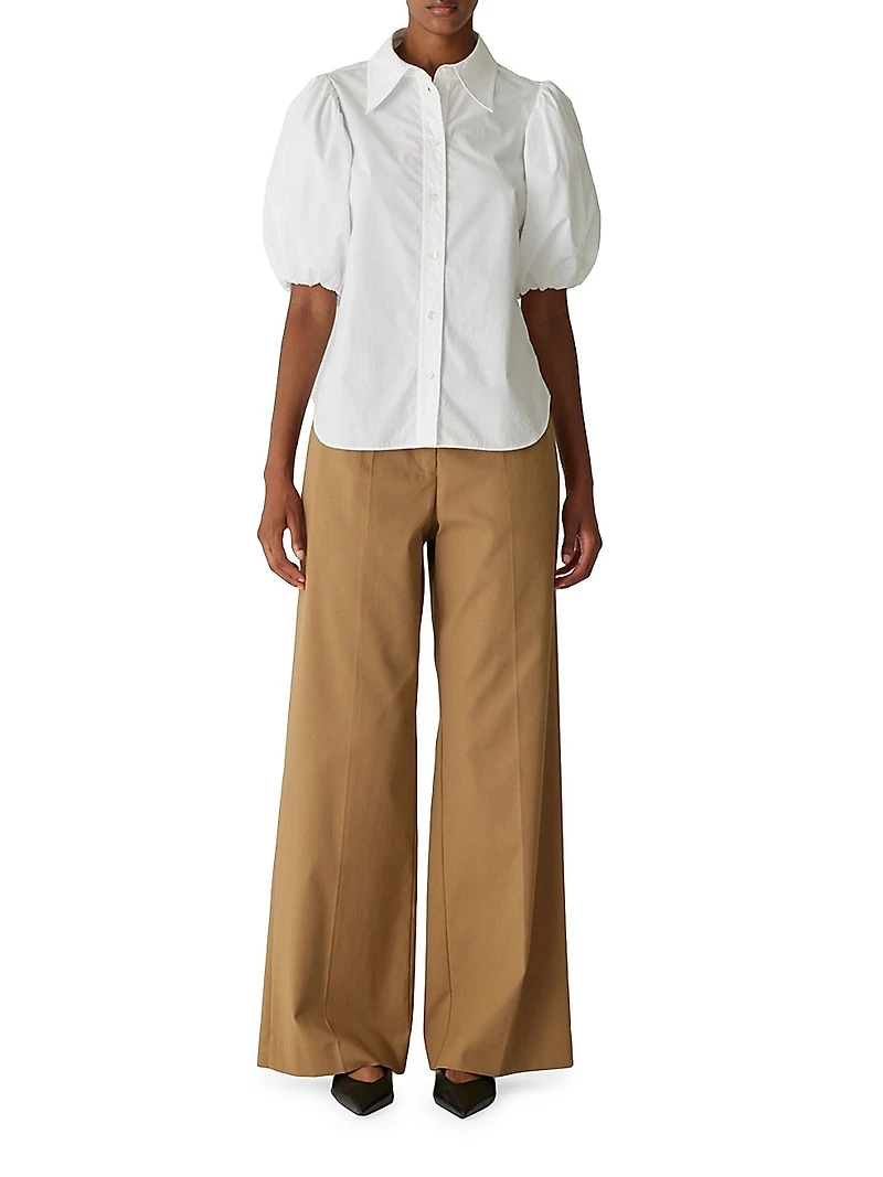 Cotton Poplin Puff-Sleeve Button-Front Shirt