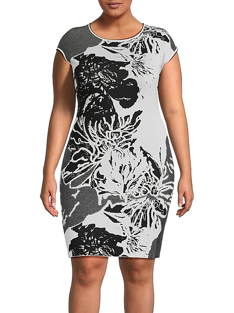 Plus Floral Knit Boatneck Minidress