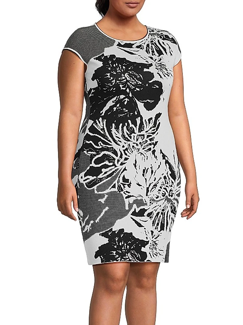 Plus Floral Knit Boatneck Minidress