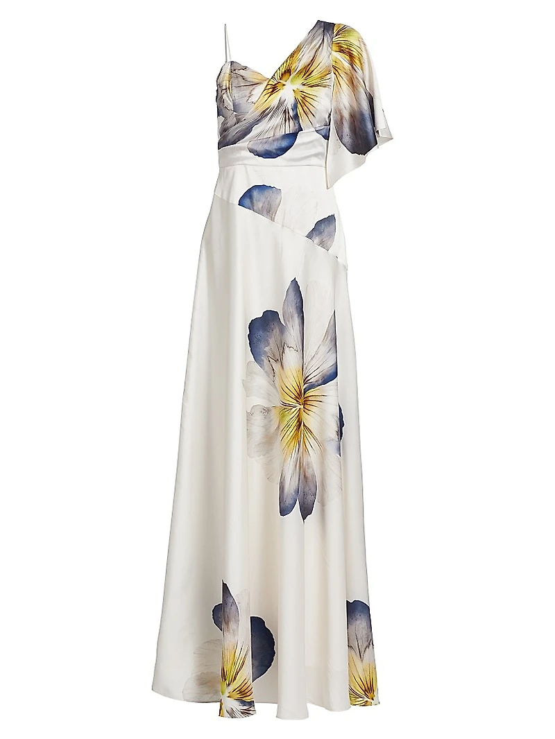 Floral Asymmetric One-Flutter-Sleeve Gown