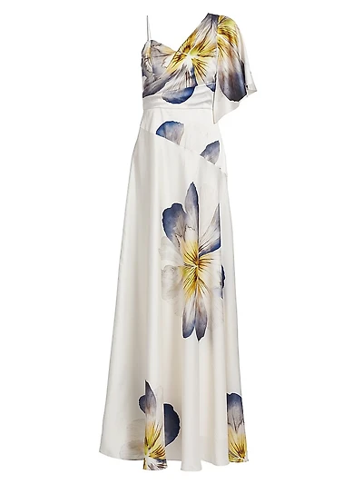 Floral Asymmetric One-Flutter-Sleeve Gown