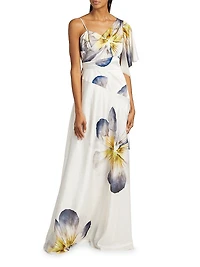 Floral Asymmetric One-Flutter-Sleeve Gown