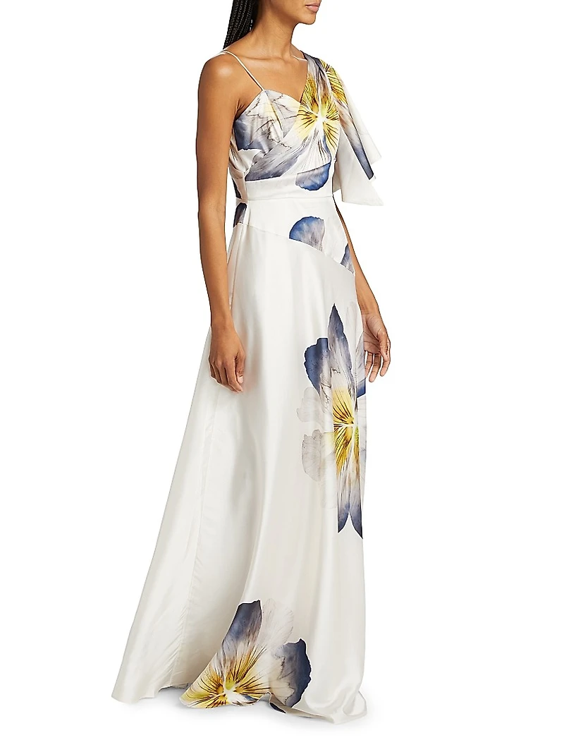 Floral Asymmetric One-Flutter-Sleeve Gown