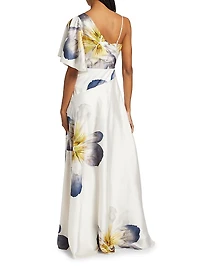 Floral Asymmetric One-Flutter-Sleeve Gown