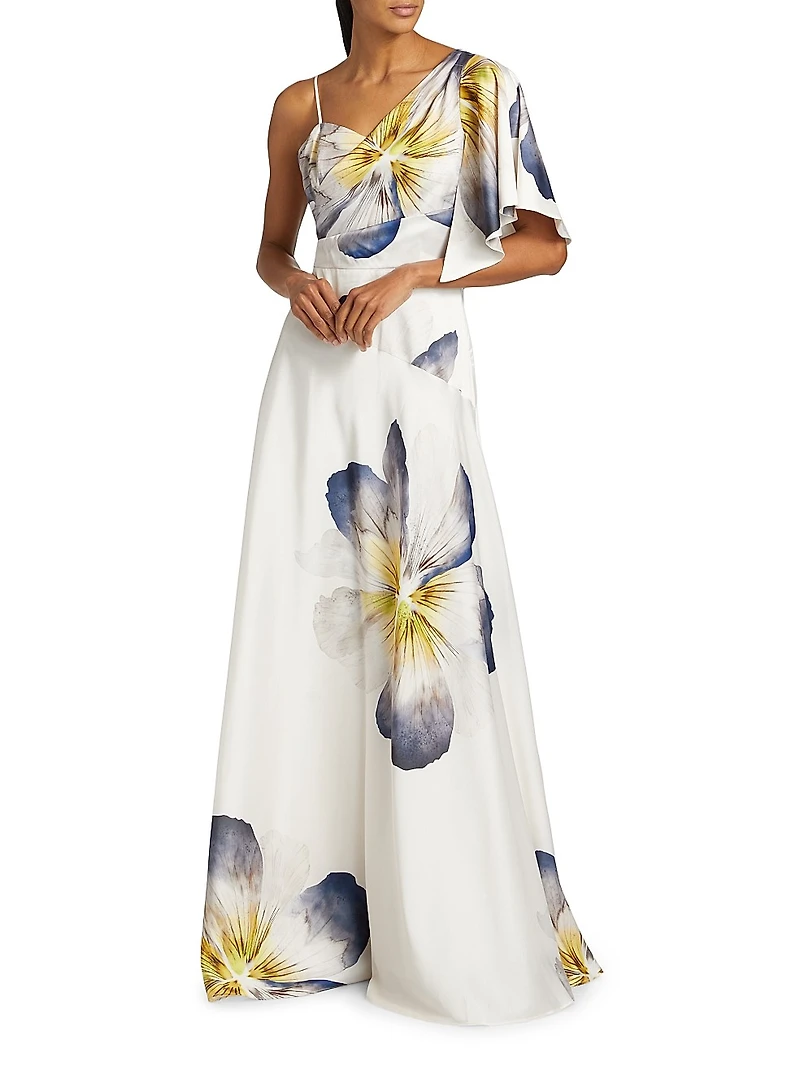Floral Asymmetric One-Flutter-Sleeve Gown