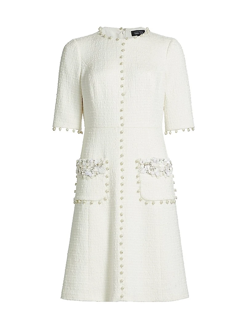 Imitation Pearl-Trimmed Bouclé Cocktail Dress