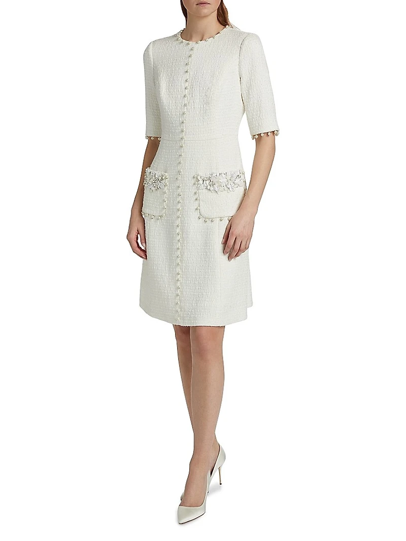Imitation Pearl-Trimmed Bouclé Cocktail Dress