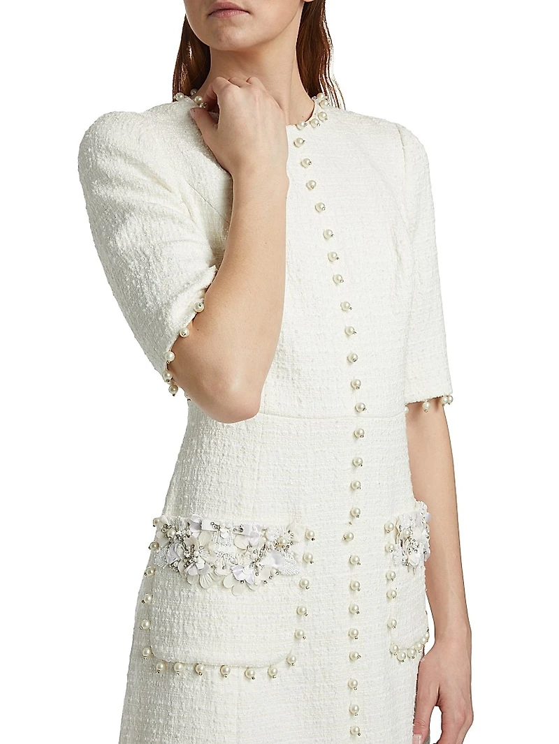 Imitation Pearl-Trimmed Bouclé Cocktail Dress
