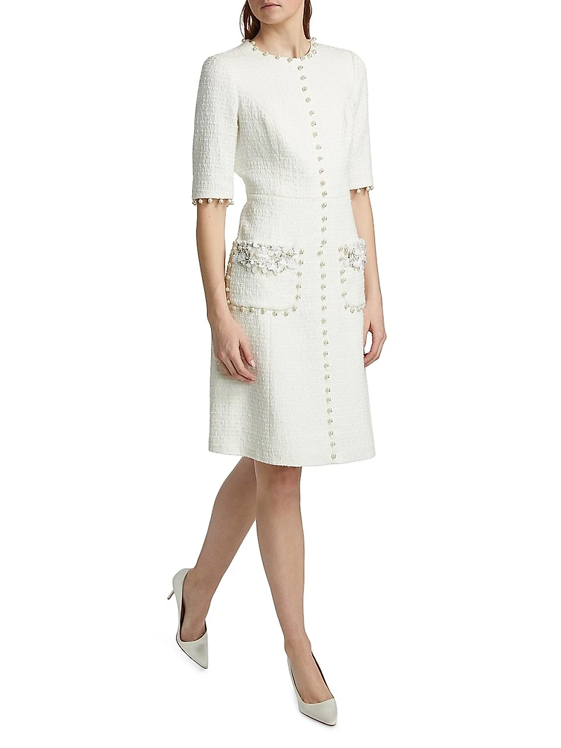 Imitation Pearl-Trimmed Bouclé Cocktail Dress