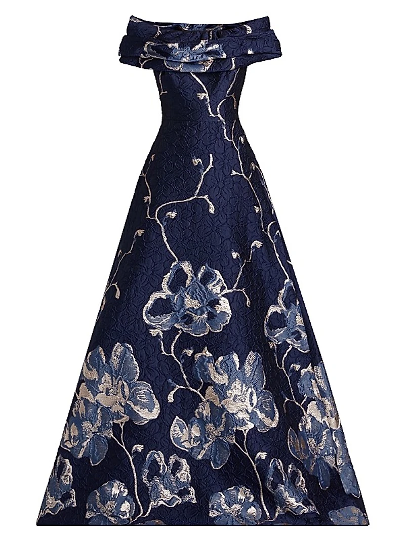 Floral Jacquard Off-The-Shoulder A-Line Gown