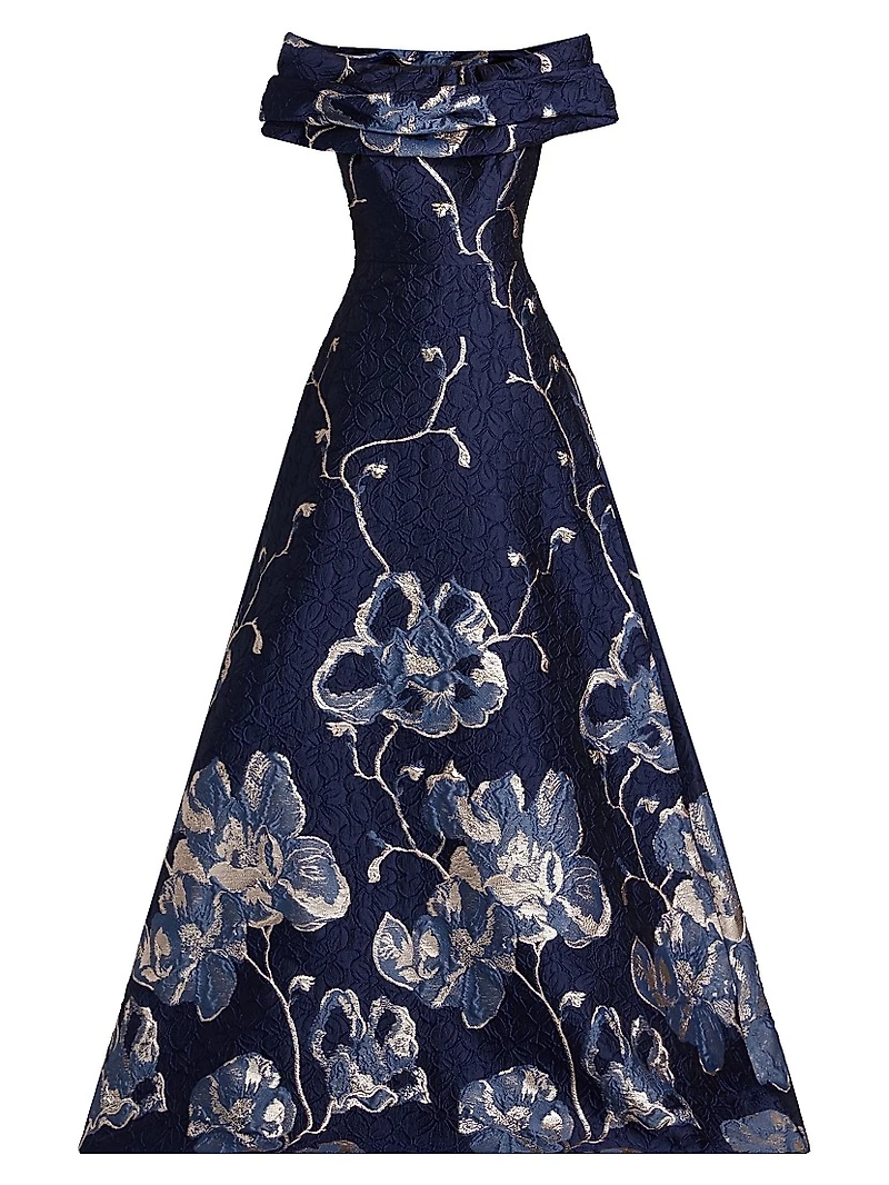 Floral Jacquard Off-The-Shoulder A-Line Gown