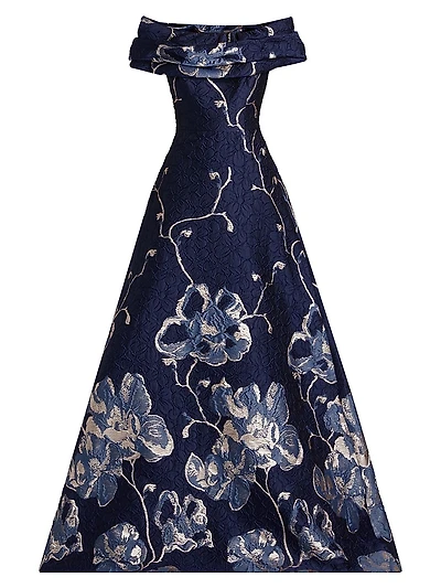 Floral Jacquard Off-The-Shoulder A-Line Gown