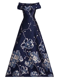 Floral Jacquard Off-The-Shoulder A-Line Gown