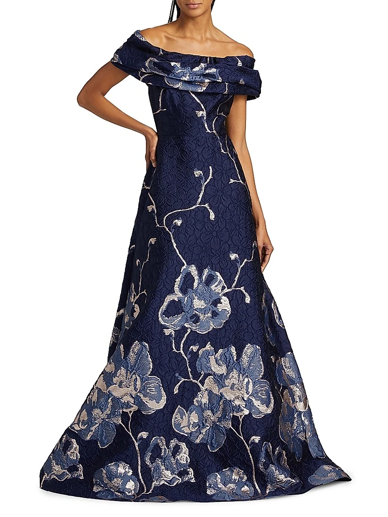 Floral Jacquard Off-The-Shoulder A-Line Gown