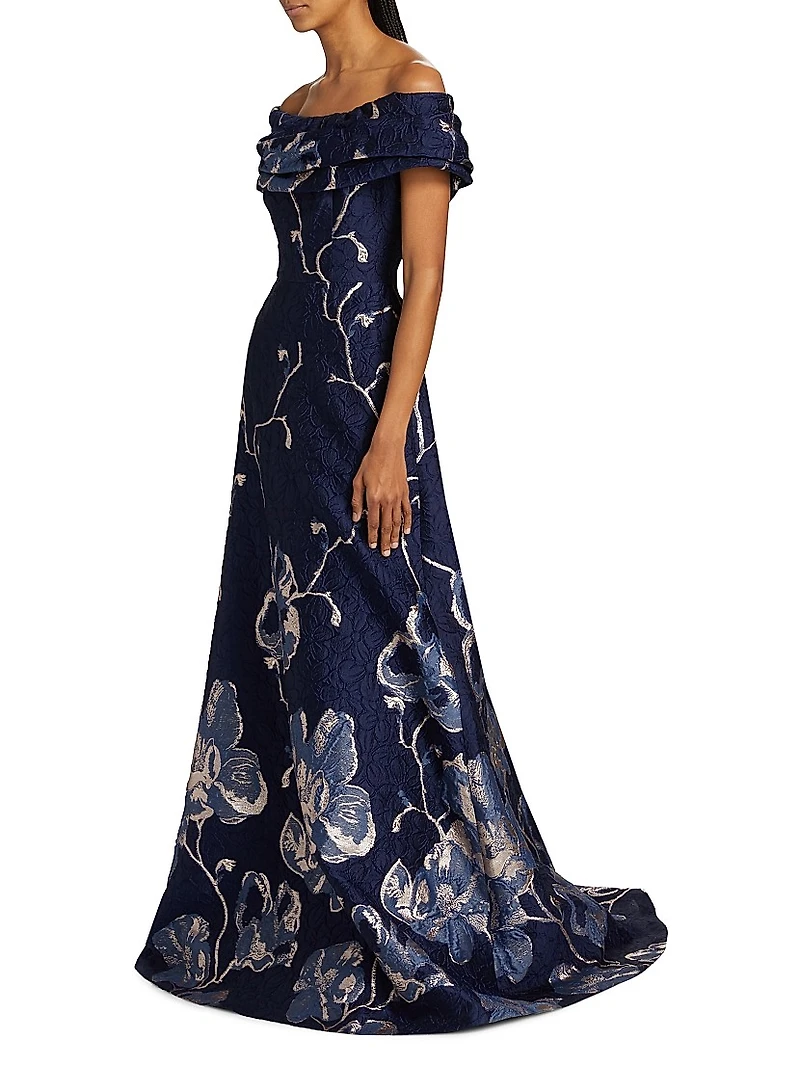 Floral Jacquard Off-The-Shoulder A-Line Gown
