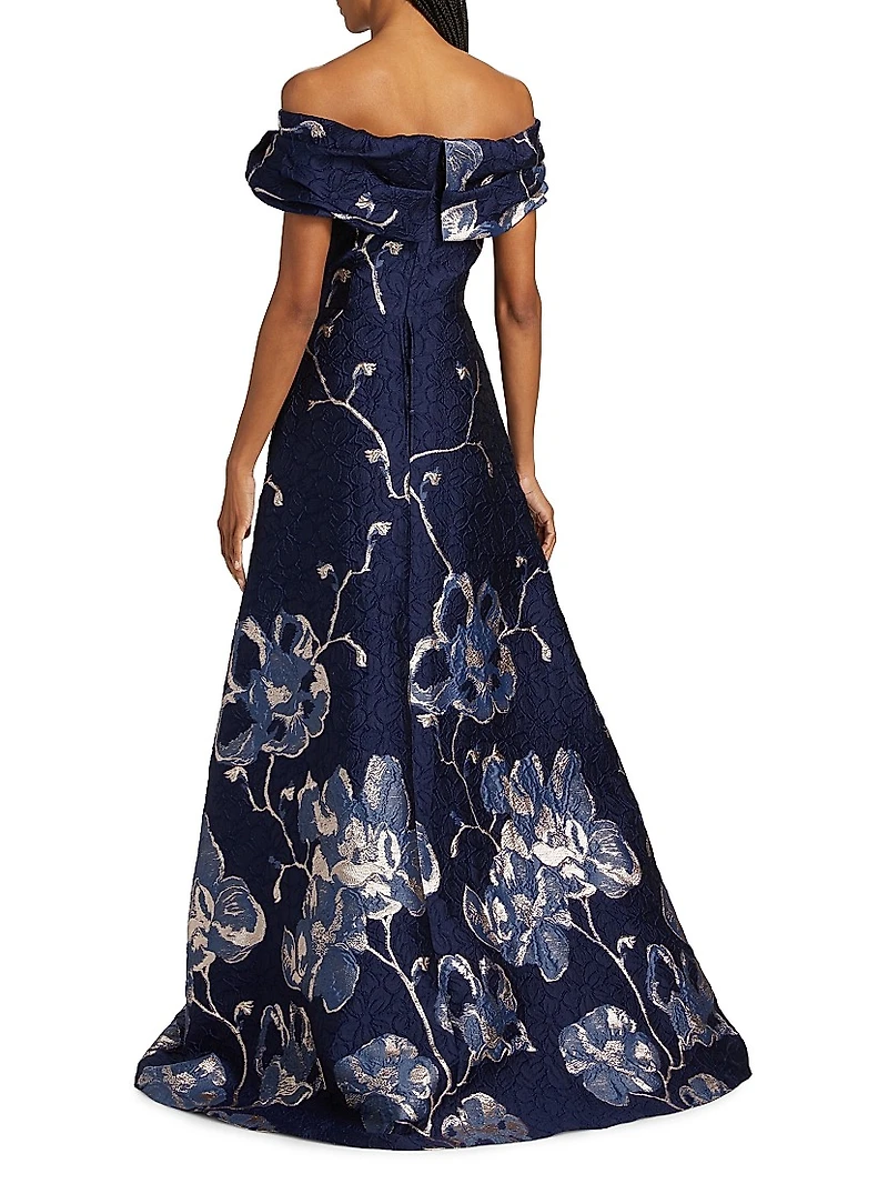 Floral Jacquard Off-The-Shoulder A-Line Gown