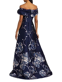 Floral Jacquard Off-The-Shoulder A-Line Gown