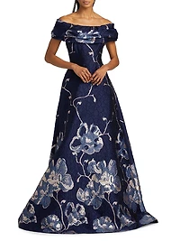 Floral Jacquard Off-The-Shoulder A-Line Gown