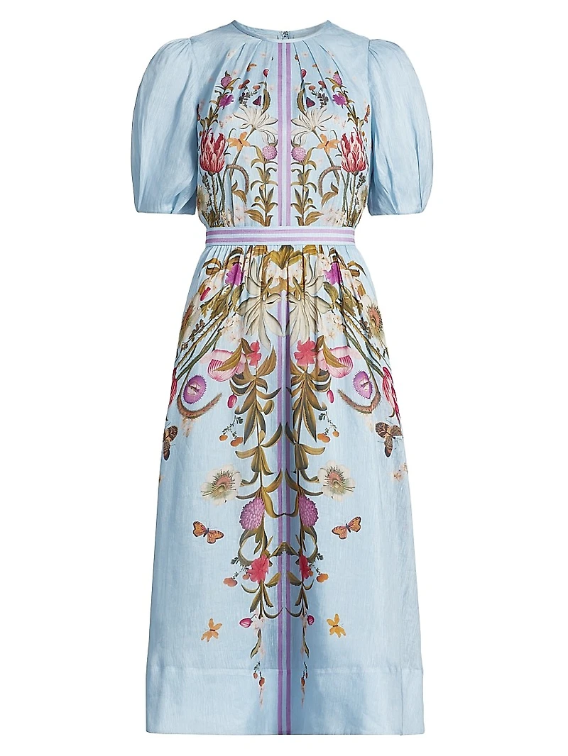 Floral Silk-Linen Puff-Sleeve Midi-Dress