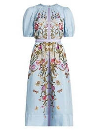 Floral Silk-Linen Puff-Sleeve Midi-Dress