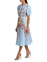 Floral Silk-Linen Puff-Sleeve Midi-Dress