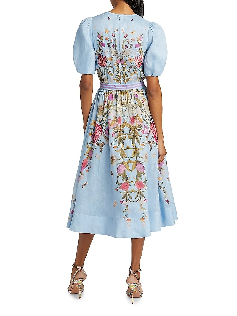 Floral Silk-Linen Puff-Sleeve Midi-Dress