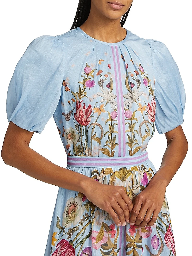 Floral Silk-Linen Puff-Sleeve Midi-Dress