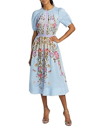 Floral Silk-Linen Puff-Sleeve Midi-Dress