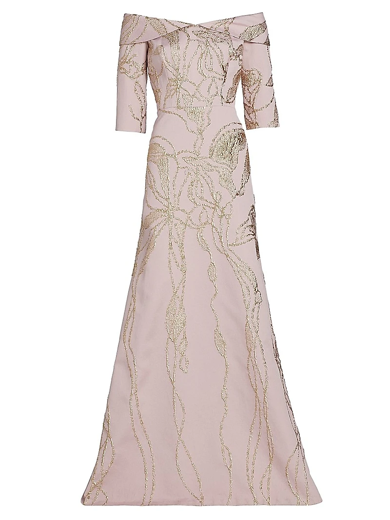 Metallic Jacquard Off-The-Shoulder Gown