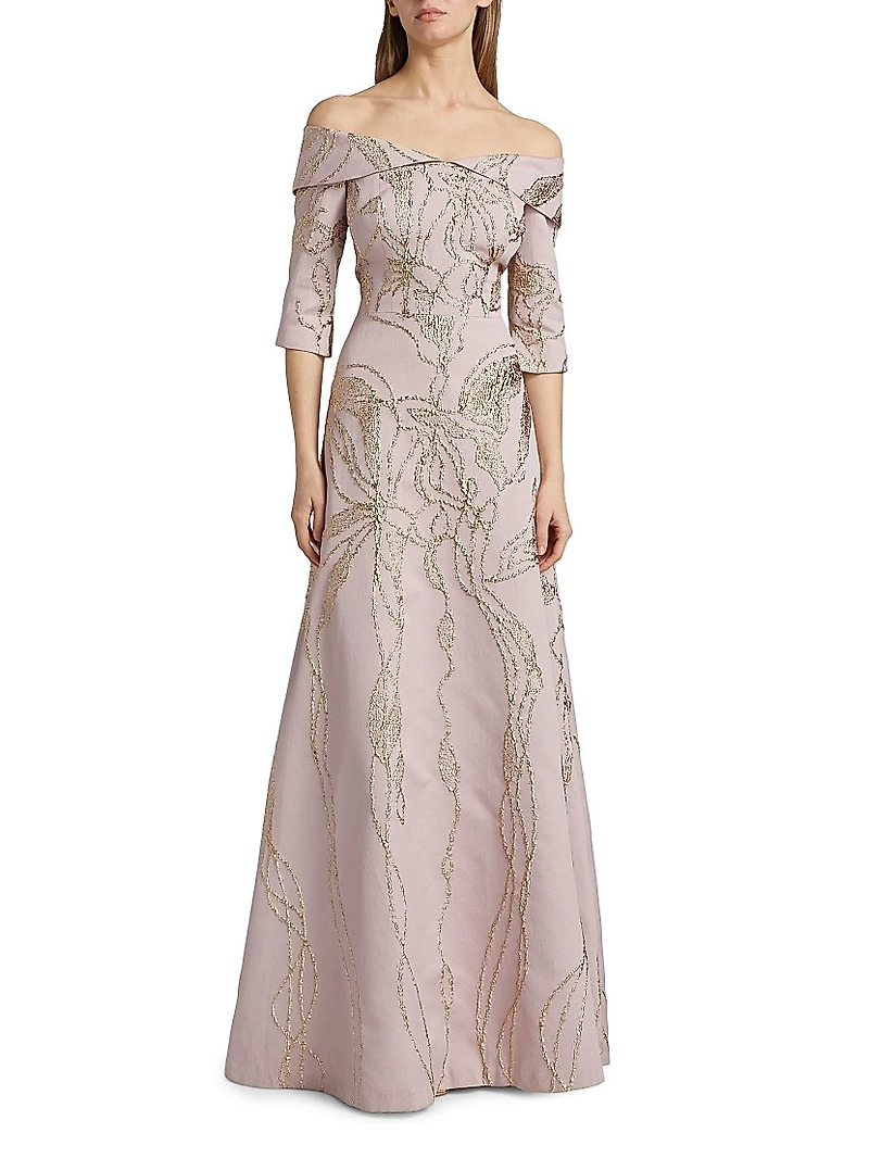 Metallic Jacquard Off-The-Shoulder Gown