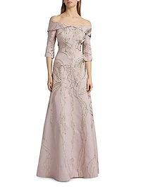Metallic Jacquard Off-The-Shoulder Gown