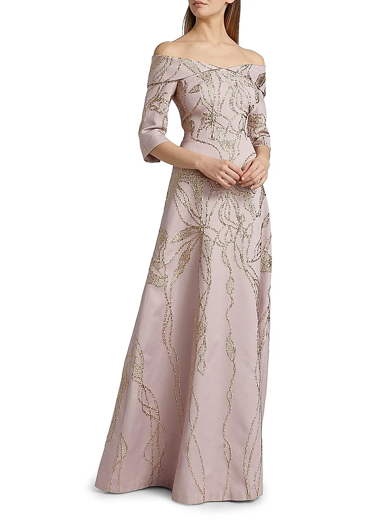 Metallic Jacquard Off-The-Shoulder Gown
