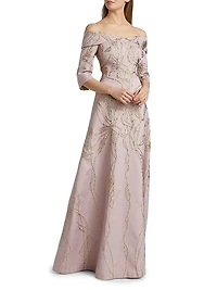 Metallic Jacquard Off-The-Shoulder Gown