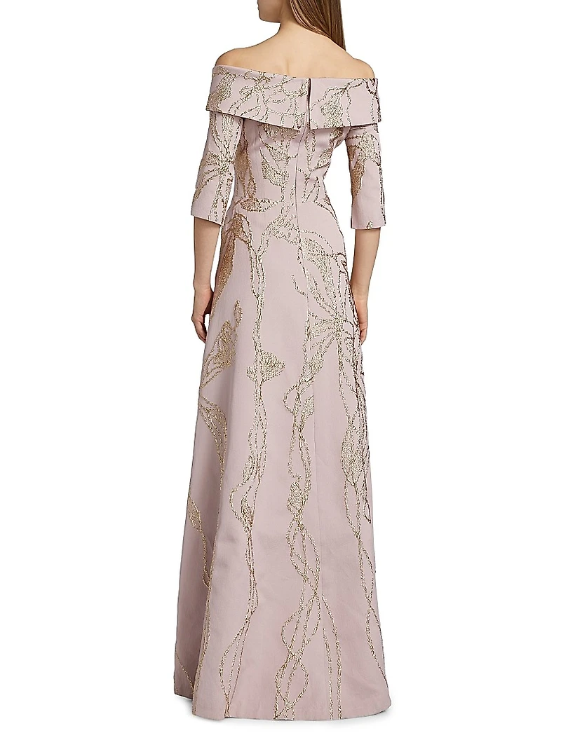 Metallic Jacquard Off-The-Shoulder Gown