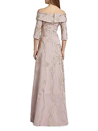 Metallic Jacquard Off-The-Shoulder Gown
