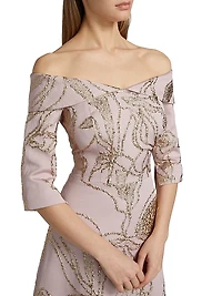 Metallic Jacquard Off-The-Shoulder Gown