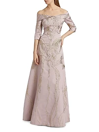 Metallic Jacquard Off-The-Shoulder Gown
