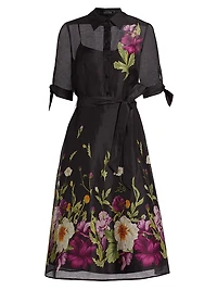 Floral Silk-Linen Tie-Waist Cocktail Dress